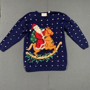 Marisa Christina 1995 Vintage Santa Rocking Horse Christmas Sweater Navy Blue S